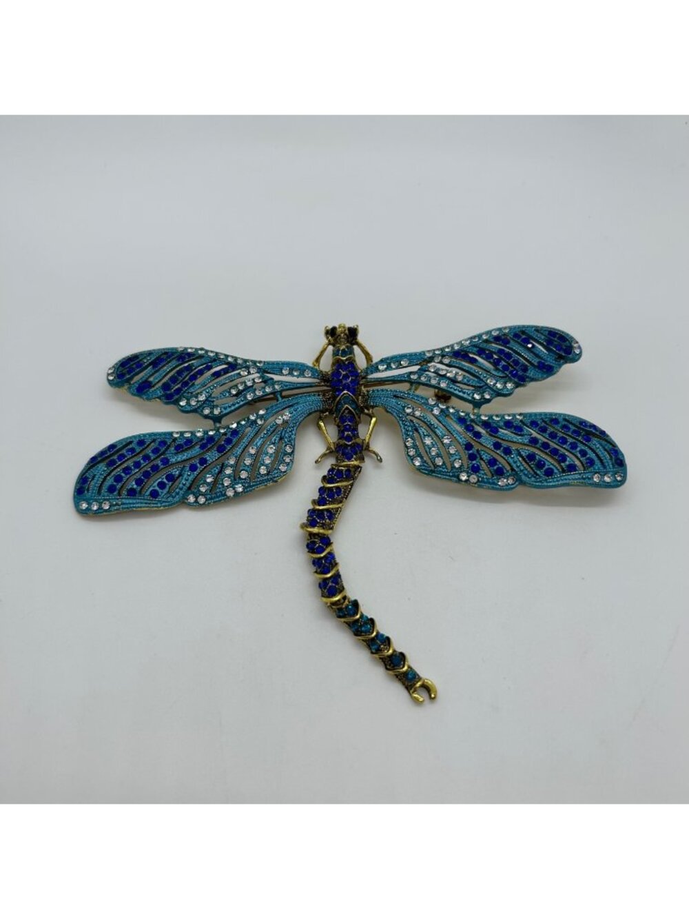 Dragonfly Brooch Articulated Tail Blue Teal Rhinestones Statement 5 inch Insect